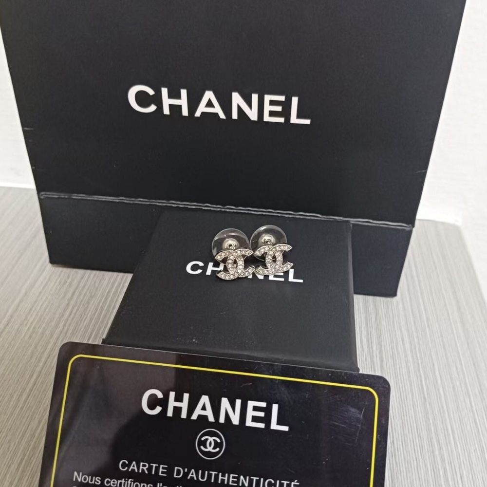 CHANEL Silver Crystal CC Logo Stud Earrings